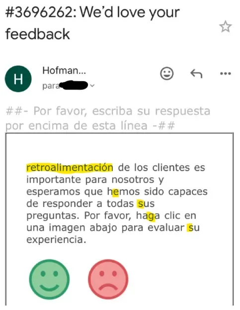 Example of machine translation errors in a customer service email — awkward phrasing and wrong register in Spanish